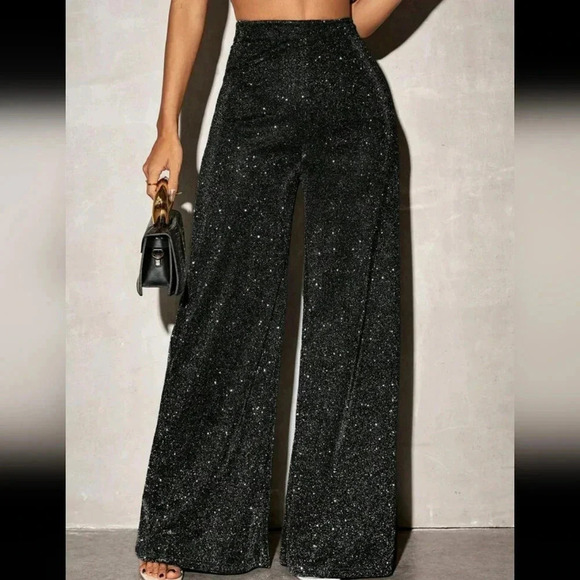 Casual Shiny Knit Material High Waist Wide Leg Pants For Women - Picture 6 of 6